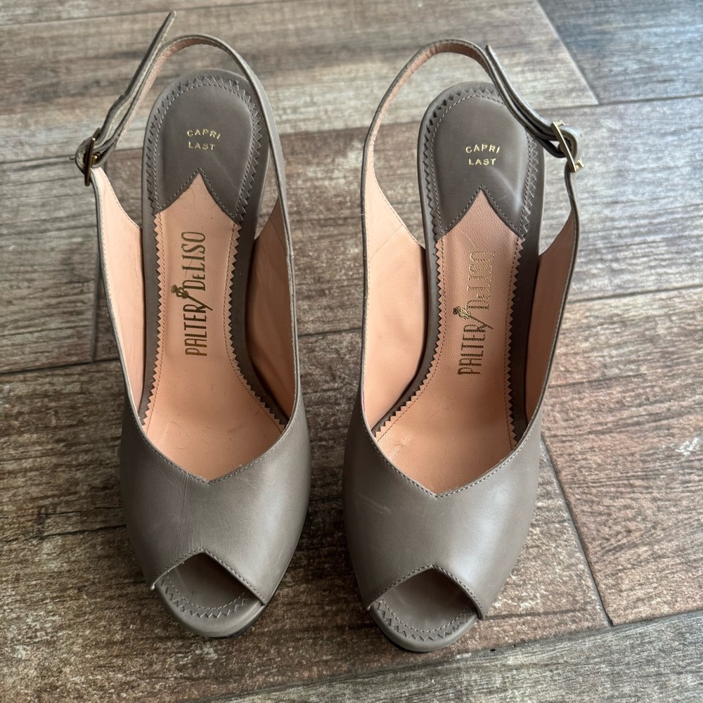 Palter DeLiso Capri Last Taupe Leather Slingback Peep-Toe Heels – Size 38 $90